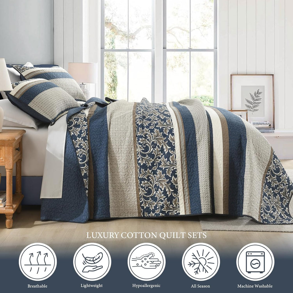 Uniclinens 100% Cotton Quilts Queen Size, Lightweight Botanical Striped Queen Quilt Bedding Set, Vintage Chic Reversible Quilted Bedspreads Coverlet Set, All Season, 3 Pieces, Navy Blue/Gray/Kharki