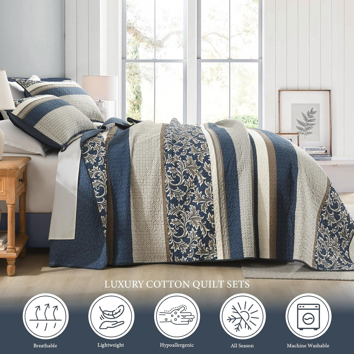 Uniclinens 100% Cotton Quilts Queen Size, Lightweight Botanical Striped Queen Quilt Bedding Set, Vintage Chic Reversible Quilted Bedspreads Coverlet Set, All Season, 3 Pieces, Navy Blue/Gray/Kharki