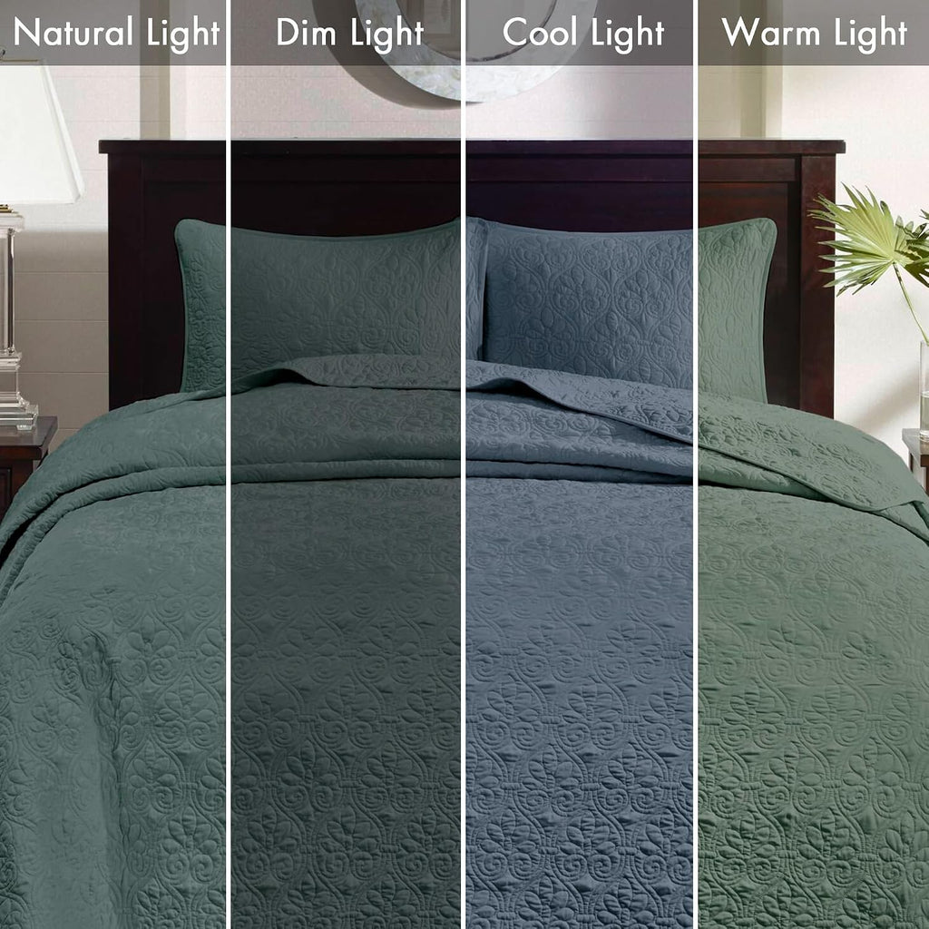 Madison Park King Bedspread Set Reversible Damask Quilted Oversized Coverlet, Cotton-Filled Quilts Oversized, All Season, Lofty & Warm Bedspread, Quebec, Balsam Green 3 Piece