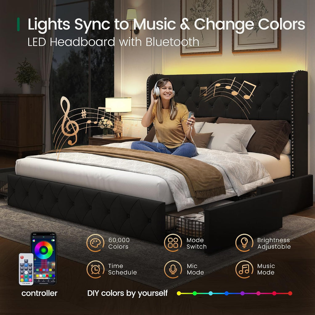 LARMACE King Size Bed Frame with LED Lights and 4 Storage Drawers Velvet Upholstered Platform Bed Frame with 47.2' Tall Tufted Headboard Wingback, No Box Spring Needed, Easy to Assemble, Black