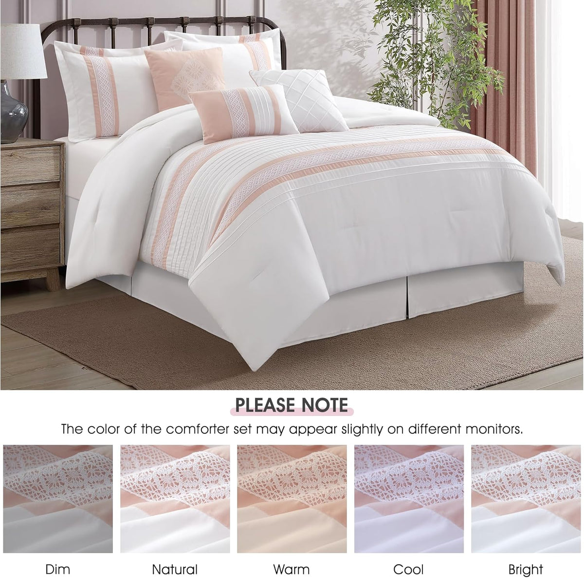 LANCO MODERN LIFESTYLE 7 Piece Comforter Set, Pink White, Queen Size, Boho Style Geometric Microfiber Embroidery, Bed in a Bag with Bedskirt, Pillow Shams and Decor Pillows