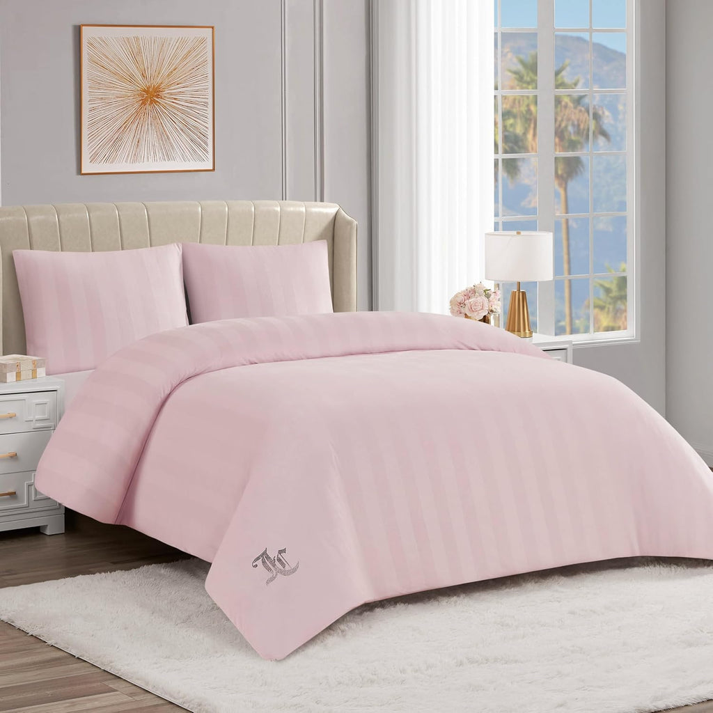 Juicy Couture Jenny Velour Striped Jacquard Queen/Full Size Comforter Bedding Set Ensemble - Pink 3 Piece Set