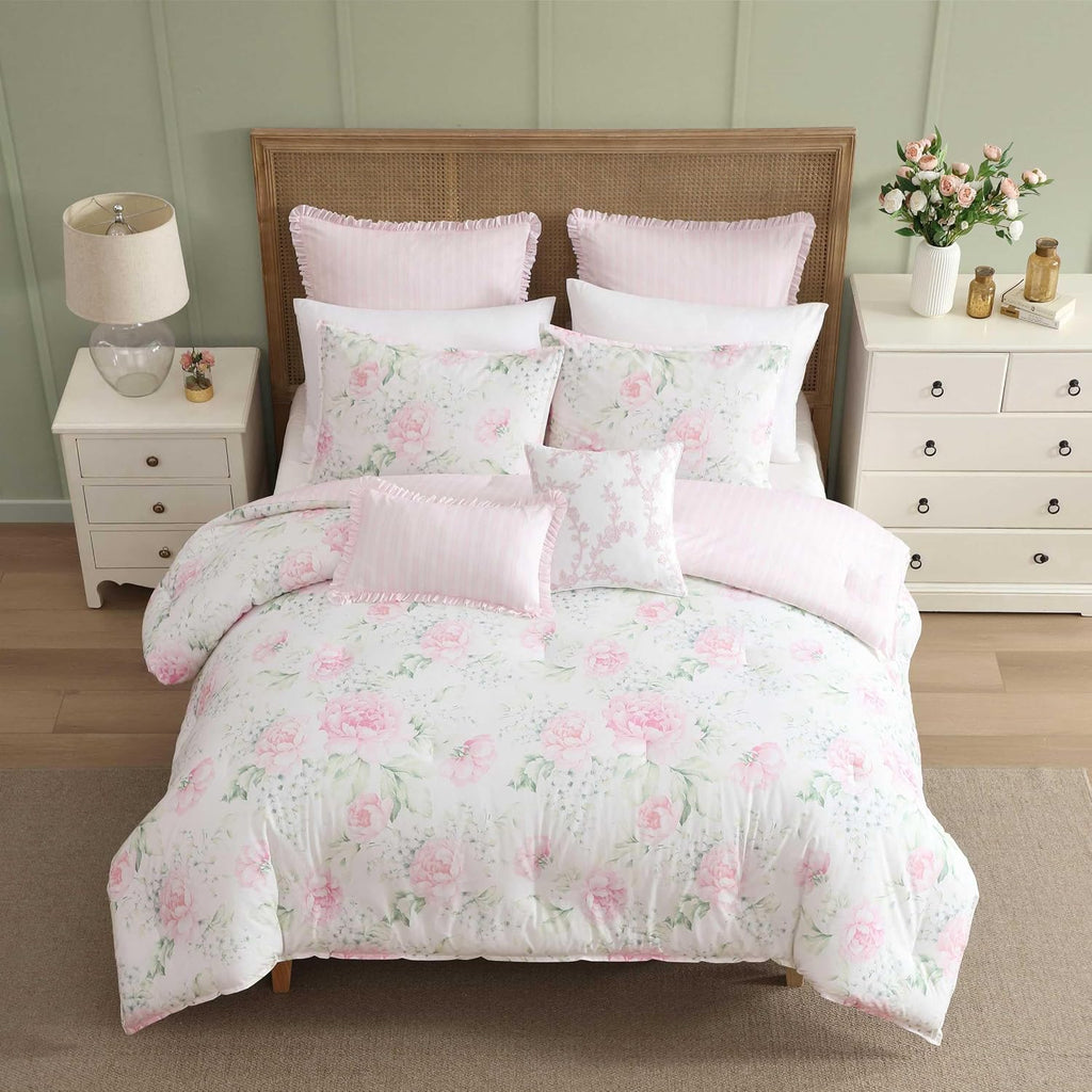 Laura Ashley - King Bonus Comforter Set, Reversible Bedding with a Naturally Soft Feel, 7 Piece Bed Set with Matching Pillowcases, Euro Shams, & Throw Pillow Covers (Serenity Roses/Mattie Stripe Pink)
