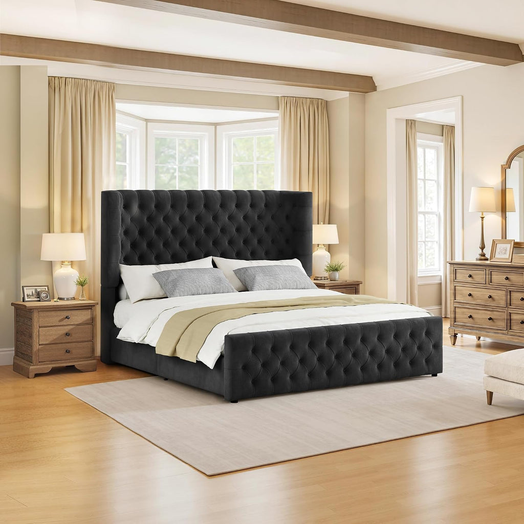 Jocisland King Size Platform Bed Frame, 6.3' Thick Upholstered Curved Wingback Deep Button Tufted Headboard and Footboard, No Box Spring Needed, Easy Assembly, Black Velvet