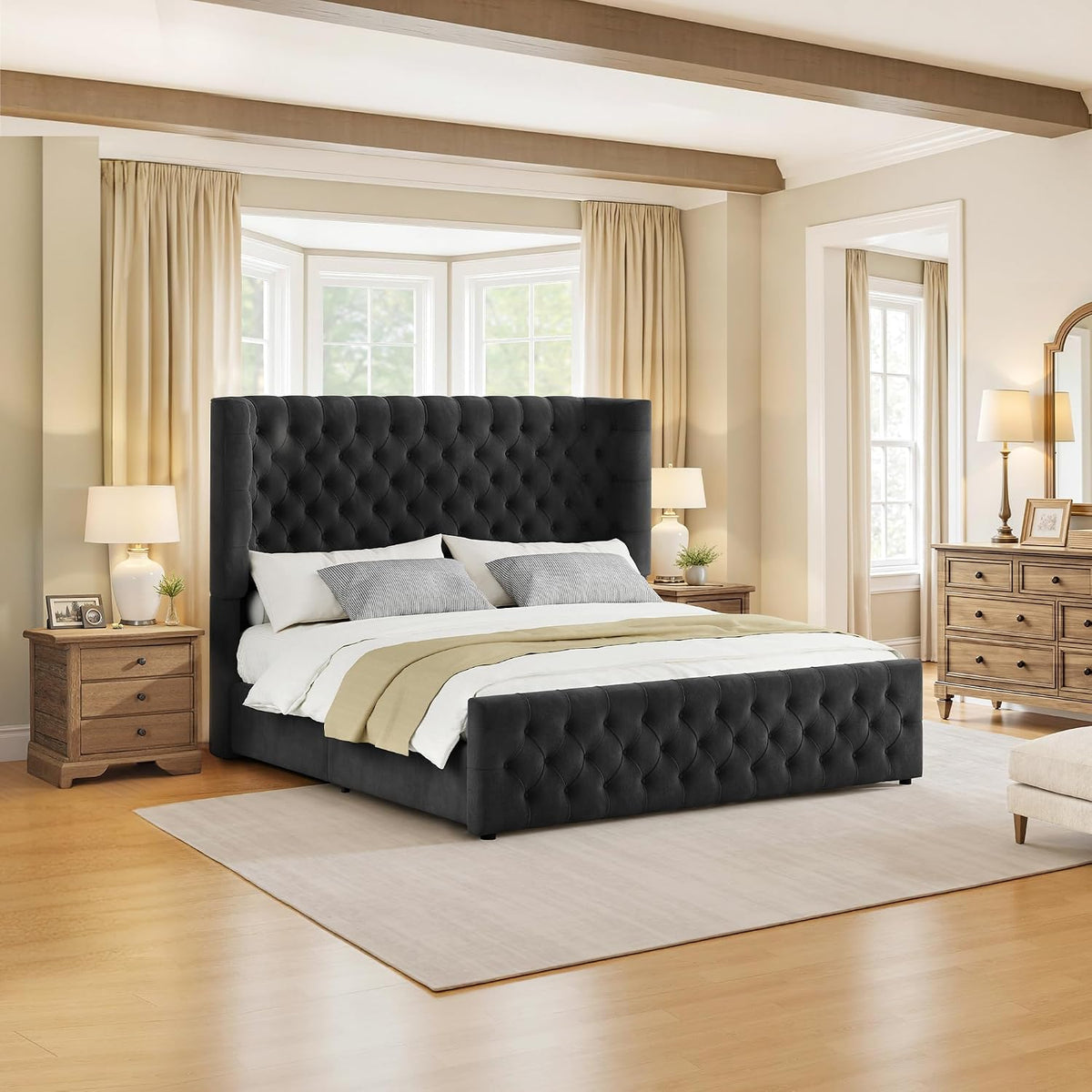 Jocisland King Size Platform Bed Frame, 6.3' Thick Upholstered Curved Wingback Deep Button Tufted Headboard and Footboard, No Box Spring Needed, Easy Assembly, Black Velvet
