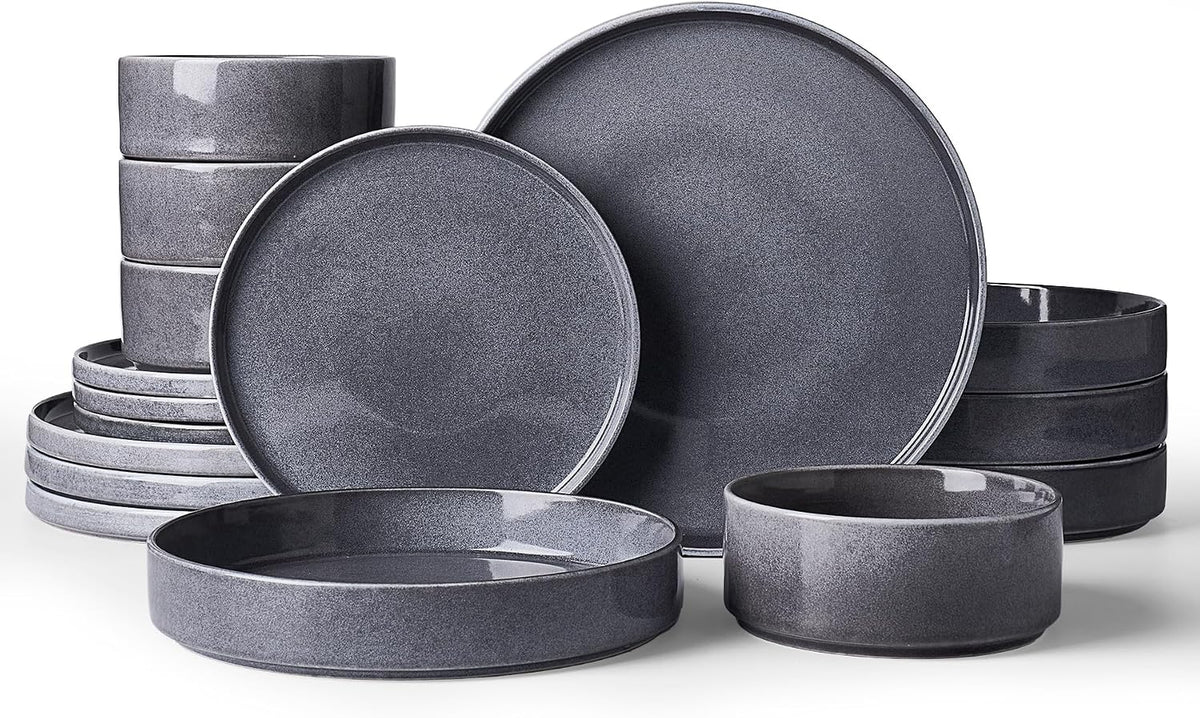 Famiware Annecy Plates and Bowls Sets, Service for 4 (16 Pieces), Dinnerware Sets with Pasta Bowls, Microwave and Dishwasher Safe Dishes Set, Chip and Scratch Resistant, Misty-Blue