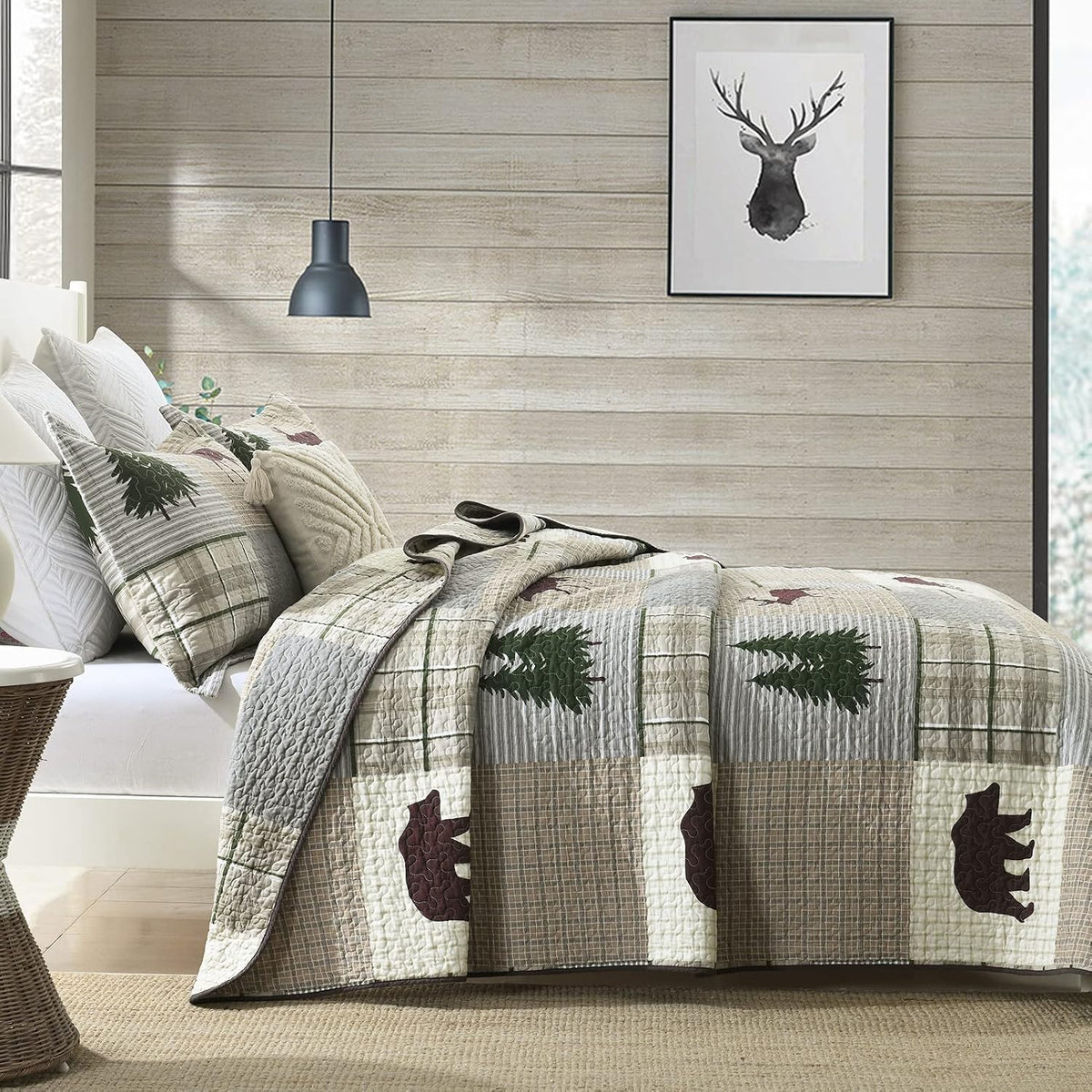 PERHOM Quilt King Size - 100% Cotton Lightweight Cabin Plaid King Quilt Bedding Set, Forest Tree Brown Bear Deer Patchwork Reversible Bedspread/Coverlet/Comforter Set with 2 Shams, 3PCS