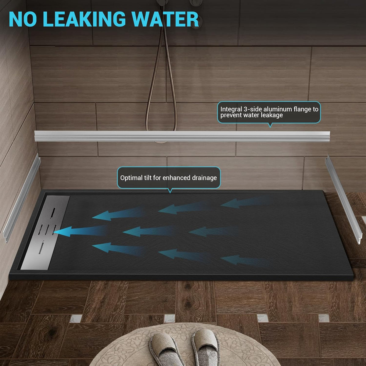 60' x 36' Zero Threshold Shower Pan with Reversible Drain, Non-Slip SMC Shower Base for Wheel Chair Access, Includes 3-Sided Aluminum Waterproof Strip (Black)