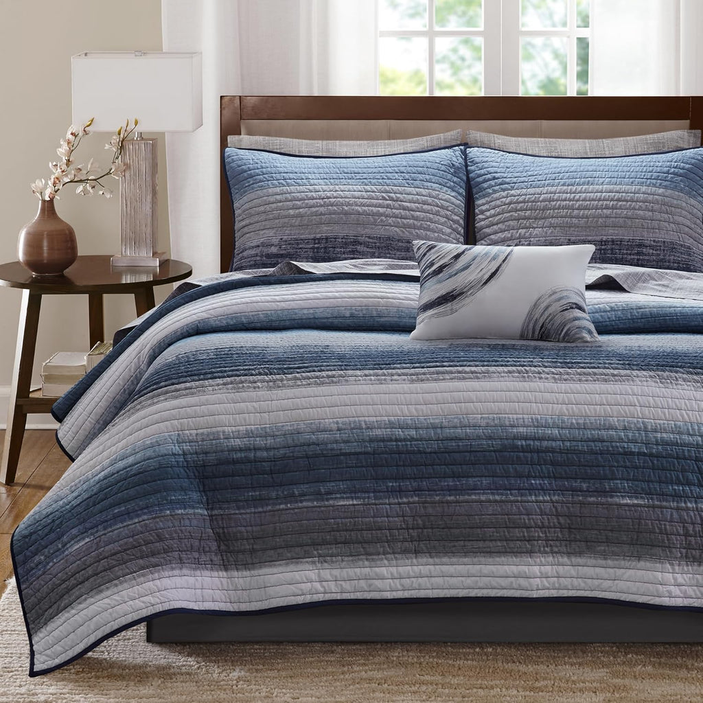 Madison Park Essentials Saben Cozy Bed in A Bag Reversible Quilt with Complete Cotton Sheet Set-Geometric Design All Season Cover, Decorative Pillow, Queen(90'x90'), Stripes Navy 8 Piece