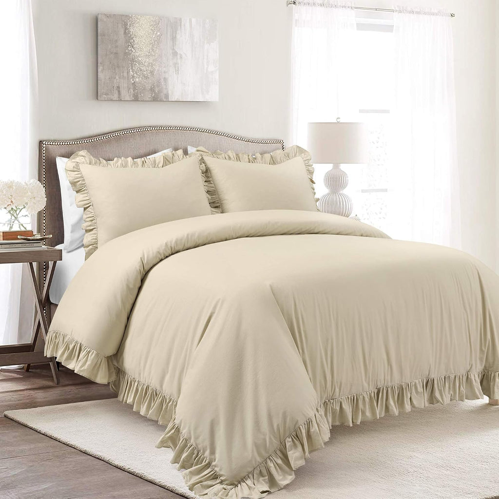 Lush Decor Reyna Ruffle Cotton Duvet Cover Set 3 Piece Set Full/ Queen, Wheat - Queen Size Bedding Set - Beige Duvet Queen- Ruffled Bedding - Coquette Decor