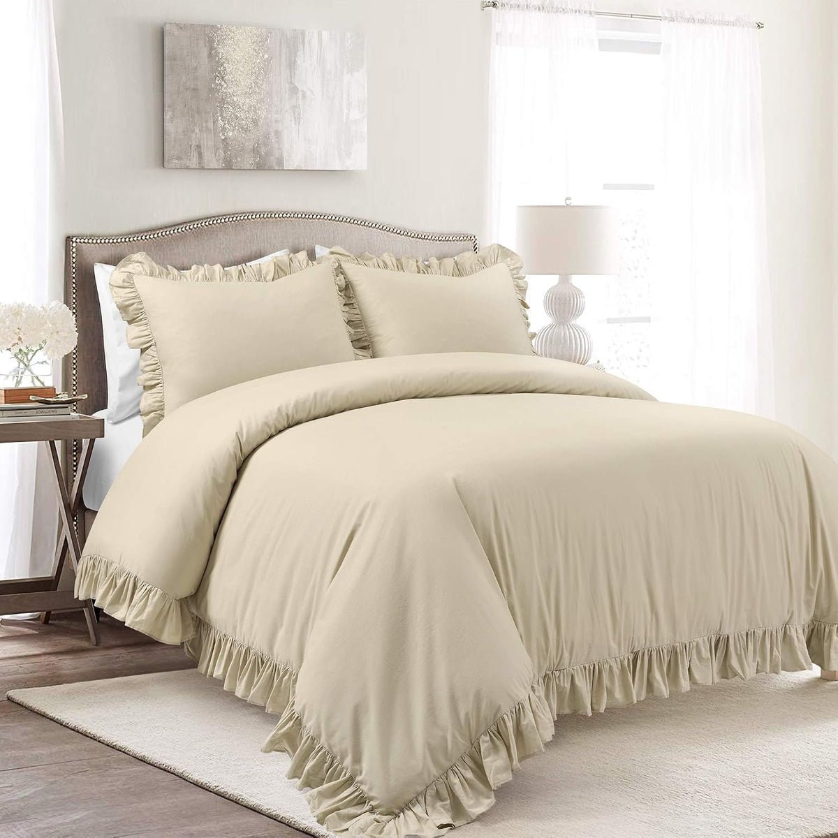 Lush Decor Reyna Ruffle Cotton Duvet Cover Set 3 Piece Set Full/ Queen, Wheat - Queen Size Bedding Set - Beige Duvet Queen- Ruffled Bedding - Coquette Decor