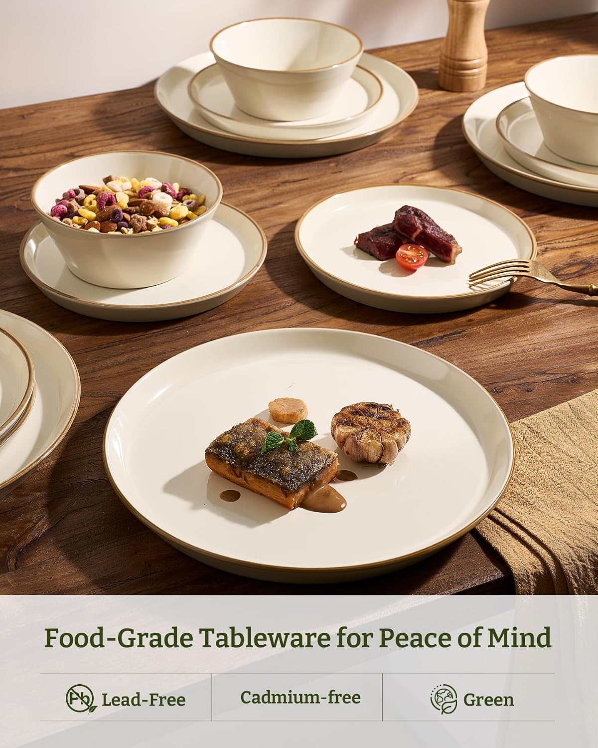 Famiware Saturn Plates and Bowls Dish Sets for 6 (18 Pieces), Stoneware Dinnerware Set with Hand-Painted Trim - Chip & Scratch Resistant, Microwave & Dishwasher Safe Ceramic Dishes, Vanilla White