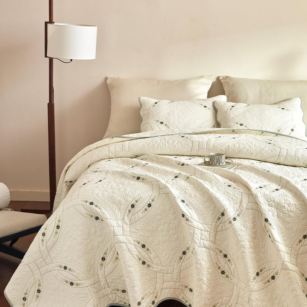 MarCielo 3Pcs Lightweight Cotton Quilt Bedspread Set – European Cottage Floral TC152
