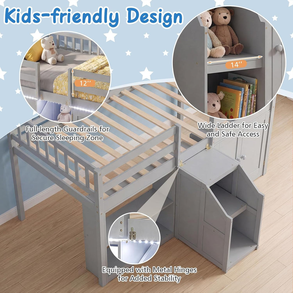Giantex Low Loft Bed Twin Size with LED Lights, Wooden Bed Frame w/Stairs, Safety Guardrails, Storage Cabinet, Bookshelf & Under-Bed Play Space, Modern Kids Loft Bed for Boys Girls (Grey)