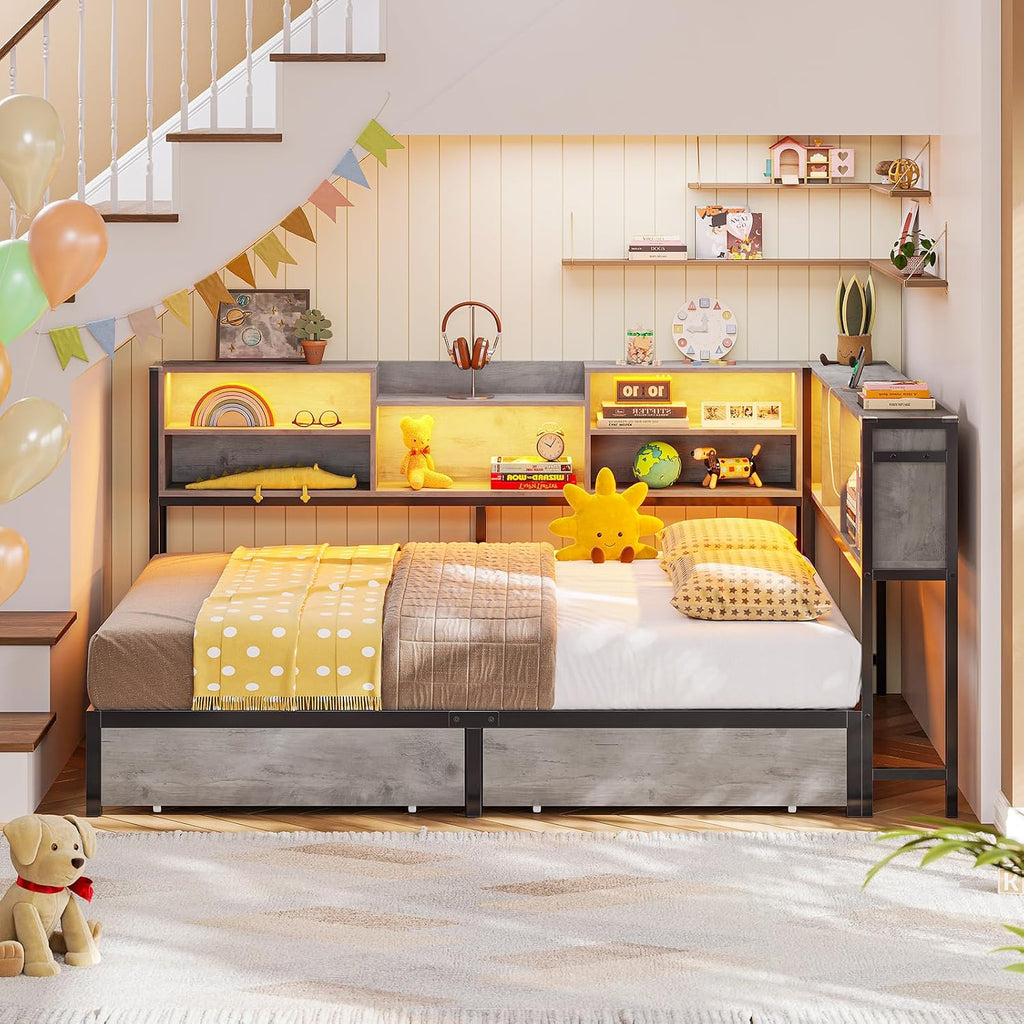 Hasuit Full Corner Bed Frame with Storage Bookcase, Full Size Daybed with 2 Underneath Storage Drawers, Kids Bed Unit with Charging Station and LED Light, Modern Teenagers Bedframe, Oak Gray