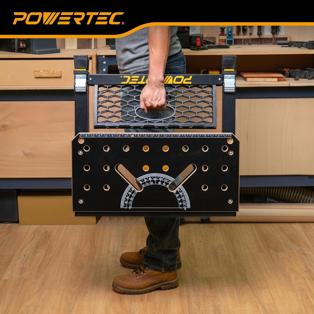 POWERTEC 2-in-1 Folding Work Table & Sawhorse – 1000 lb Capacity Portable Workbench with 8-Level Height Adjustment, Clamps, Bench Dogs & Expandable Support Platform (UT1015)