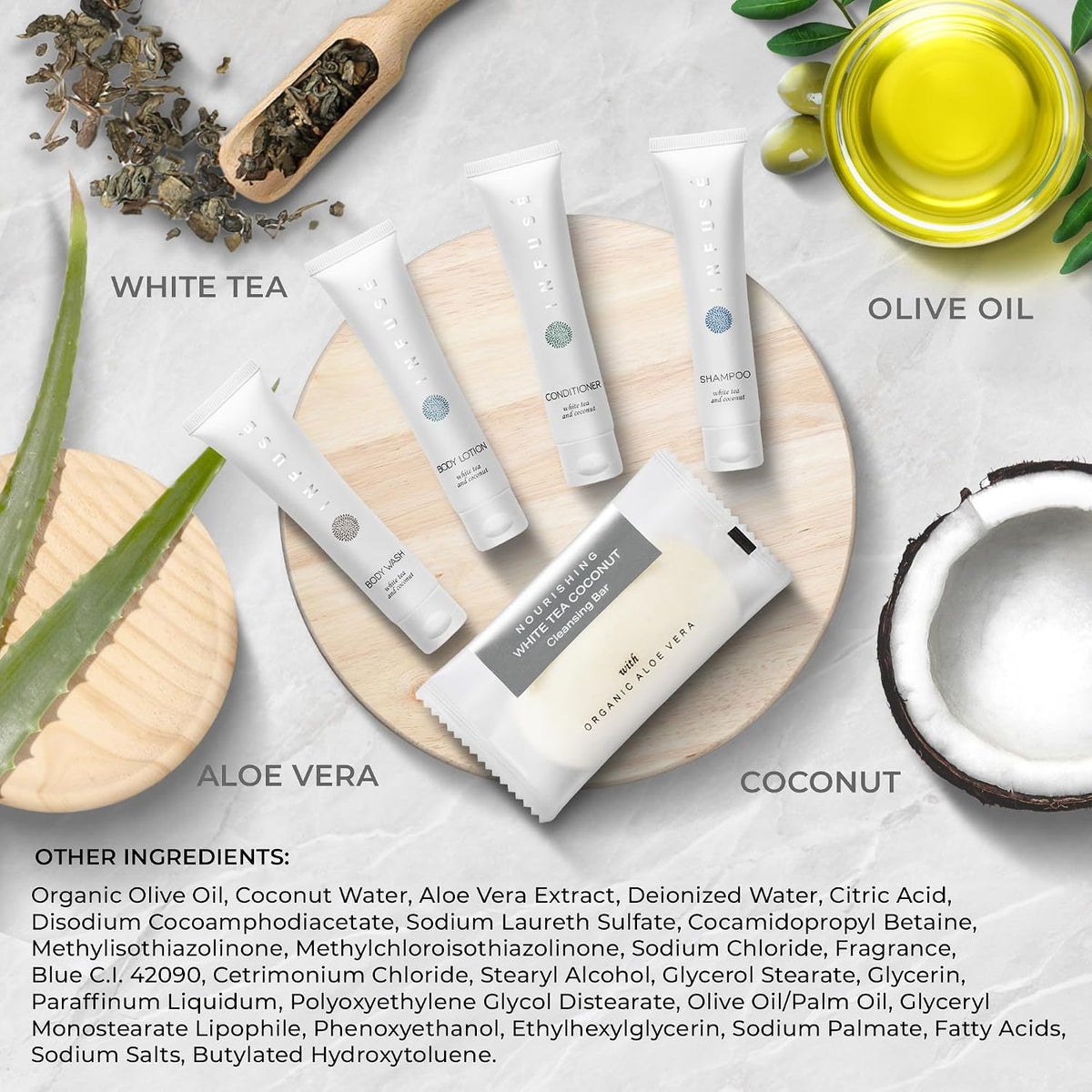 Infuse Pure White Tea and Coconut Hotel Soaps and Toiletries Bulk Set | 1-Shoppe All-In-Kit for Airbnb | 1oz Shampoo & Conditioner, Body Wash, Lotion & 1.25oz Bar Soap | Travel Size 300 Pieces