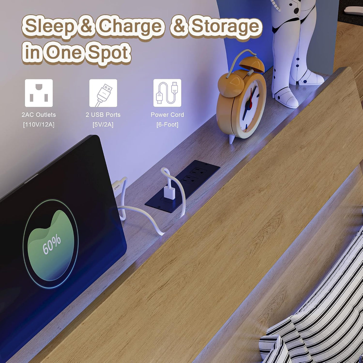 Einhomn Twin Bed Frames with LED Light and Charging Station, Floating Wooden Bed Frame, Heavy Duty Metal Slats, No Box Spring Needed, Noise Free, Easy Assembly, Oak