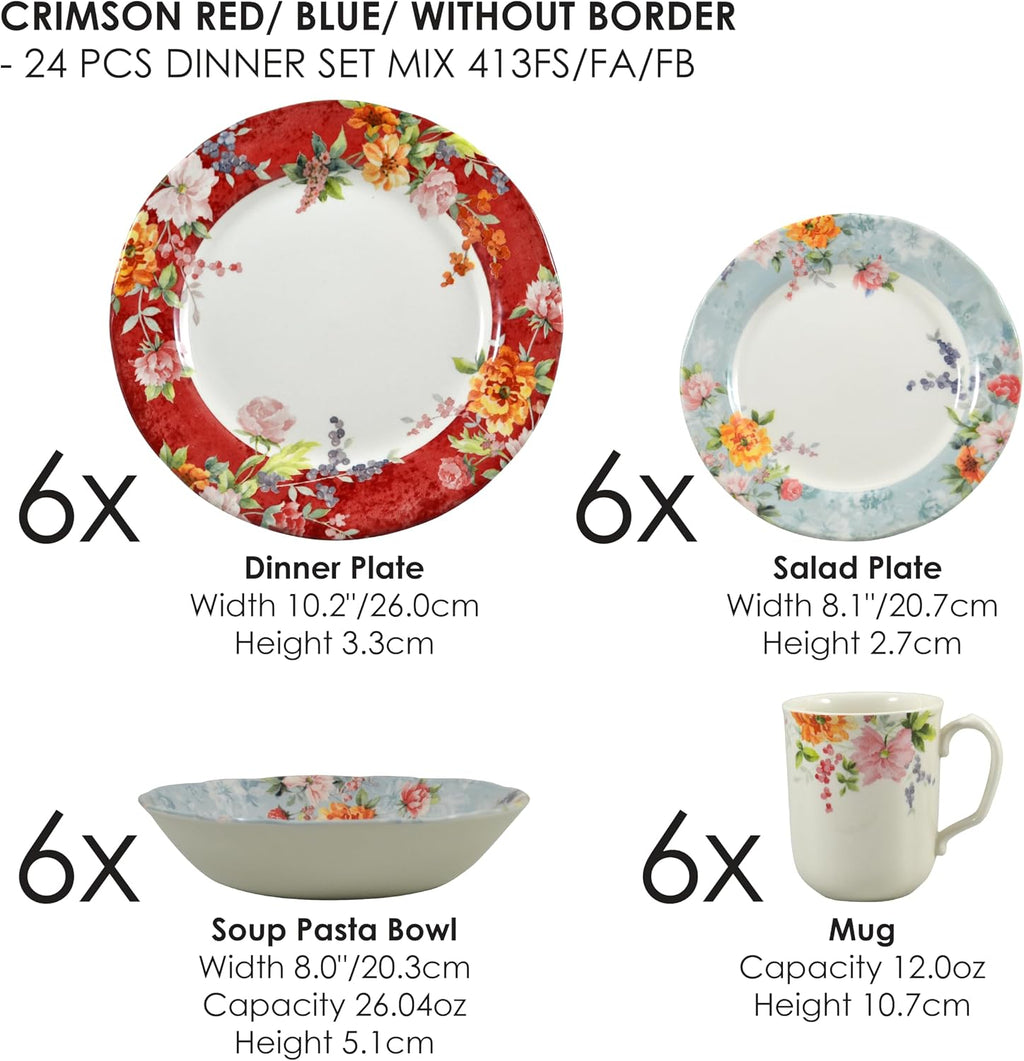 Tudor Royal 24-Piece Porcelain Round Dinnerware Set, Service for 6, Crimson Design, Summer Floral, Plates Bowls Mugs Dishes, Glossy, Premium Quality Tableware