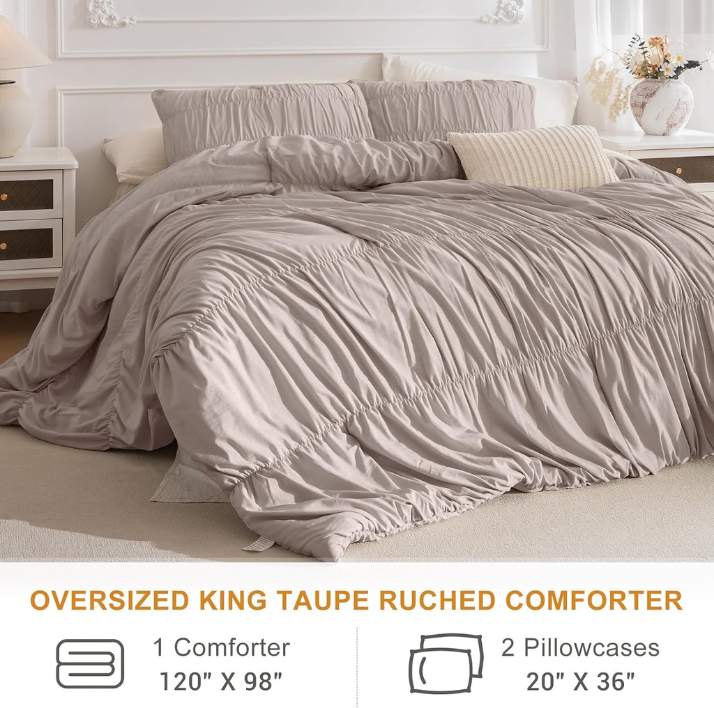 Masaca Oversized King Comforter(120'x98'),Taupe Ruched Ruffle California King Comforter Set,3 Pieces Lightweight Extra Large Farmhouse Shabby Boho Chic French Country Bedding Set