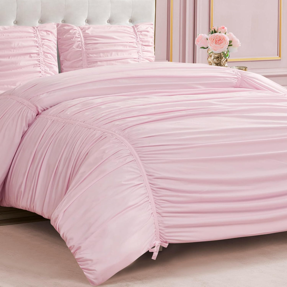 Juicy Couture Ribbon Ruched 3 Piece King Comforter Set, Pink Marshmellow Bedding Ensemble