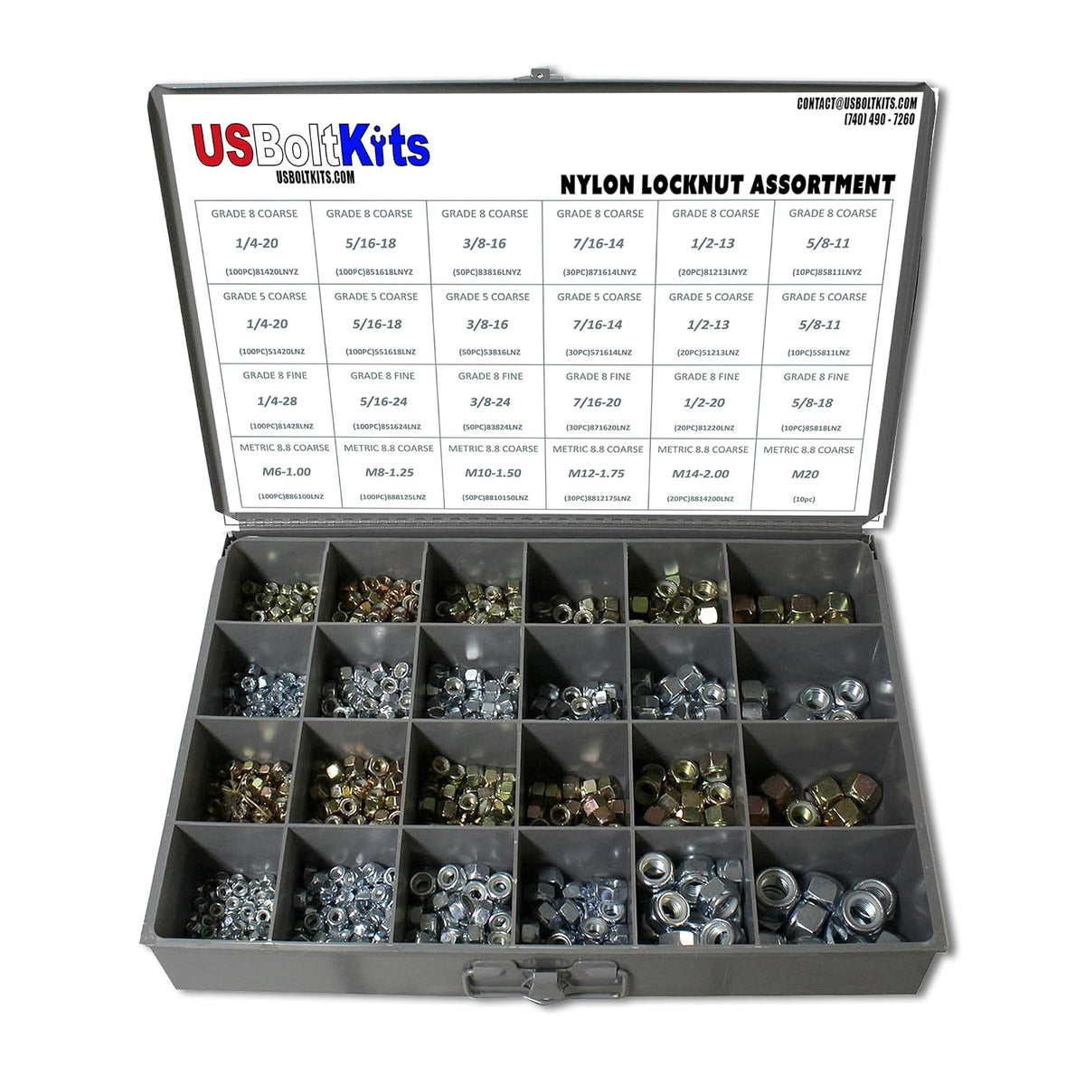 1200pcs Nylon Locknut Assortment USS, SAE, and Metric | Coarse and Fine Thread Grade 8, 5, and 8.8 (See Description for Quantities)