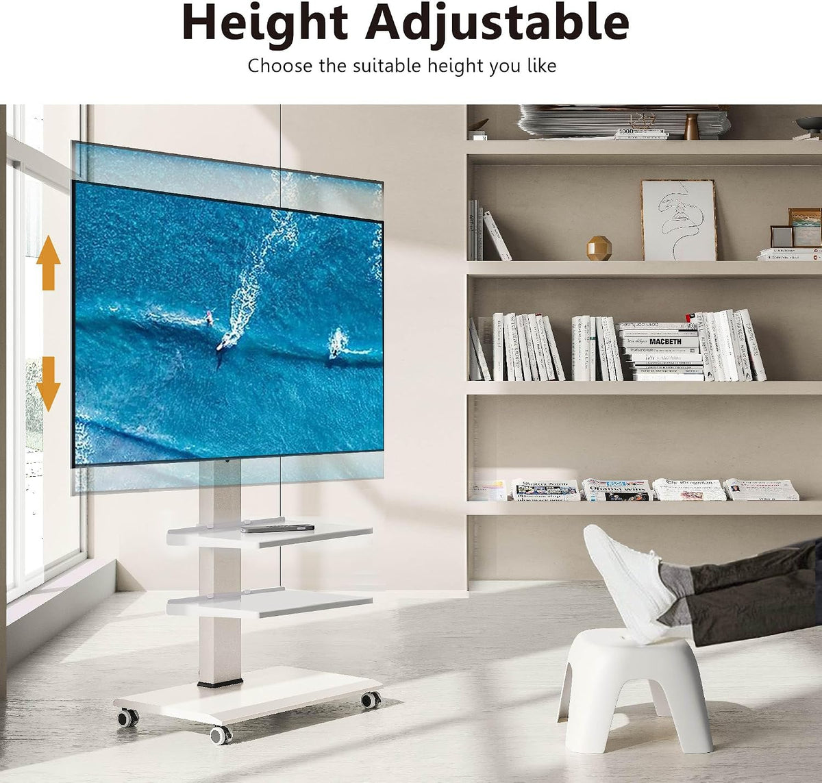 FITUEYES Rolling TV Stand for 32-75 Inch TVs - Height Adjustable Portable TV Stand on Wheels, 20 Degree Left/Right Swivel and 90 Degree Vertical and Horizontal Rotation up to 88lbs