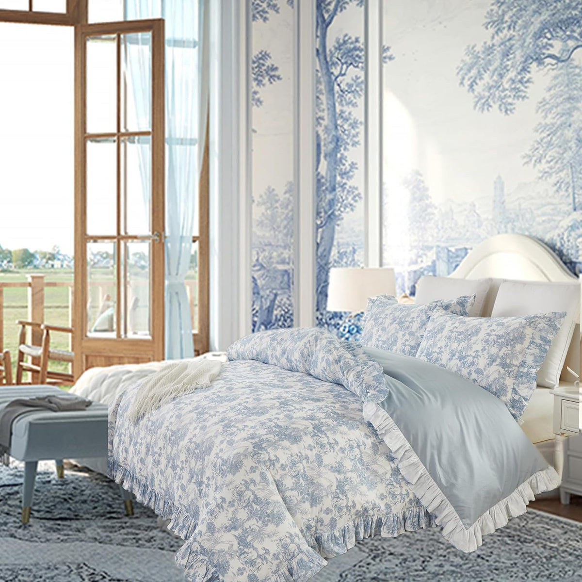 Brandream French Country Toile Duvet Cover Set Queen Size for Girl Women 100% Cotton Luxury Cottagecore Bedroom Decor Blue French Toile Botanical Print Bedding with Romantic Ruffled Trim
