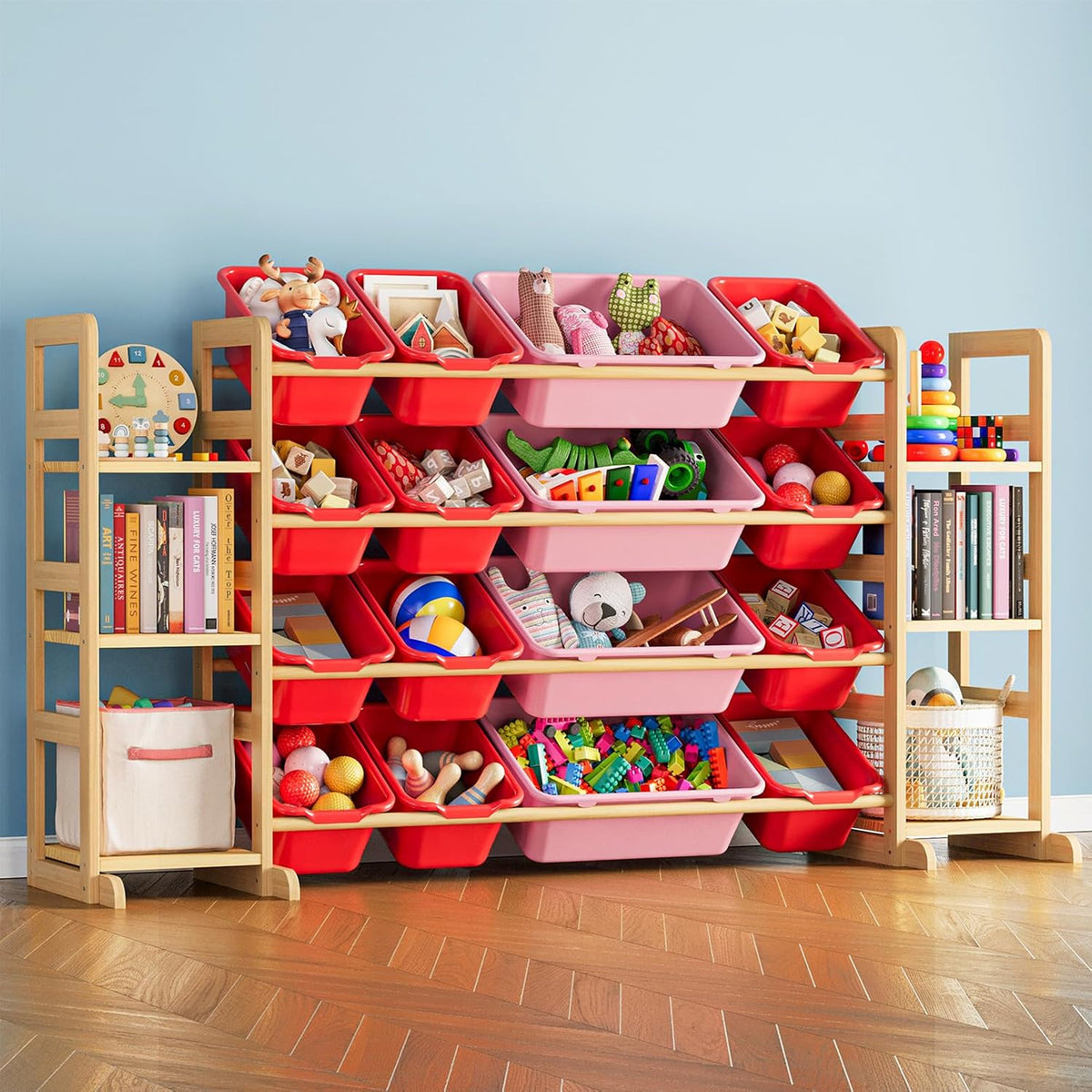 SpaceAid Toy Storage Organizer with 6 Shelves and 16 Bins, Toy Organizers Storage Bookshelf, Kids Bin Shelf Toys Box Bookcase for Bedroom Playroom Organization Room Decor, Red and Pink