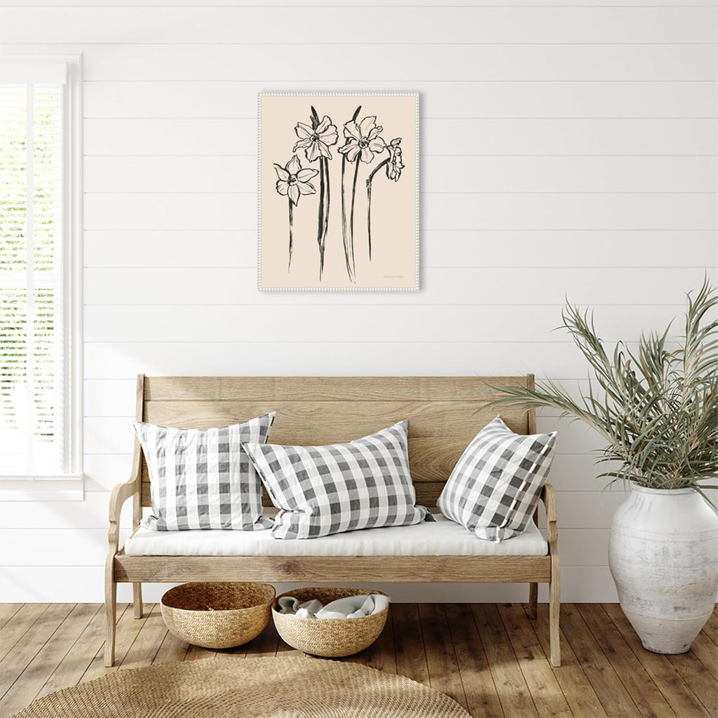 Amanti Art Framed Canvas Wall Art 28x23 Ink Sketch Daffodils by Sara Zieve Miller, Framed Wall Art Canvas, Flowers Artwork, Traditional Decor, Medium Poster Painting for Living Room, Bedroom,