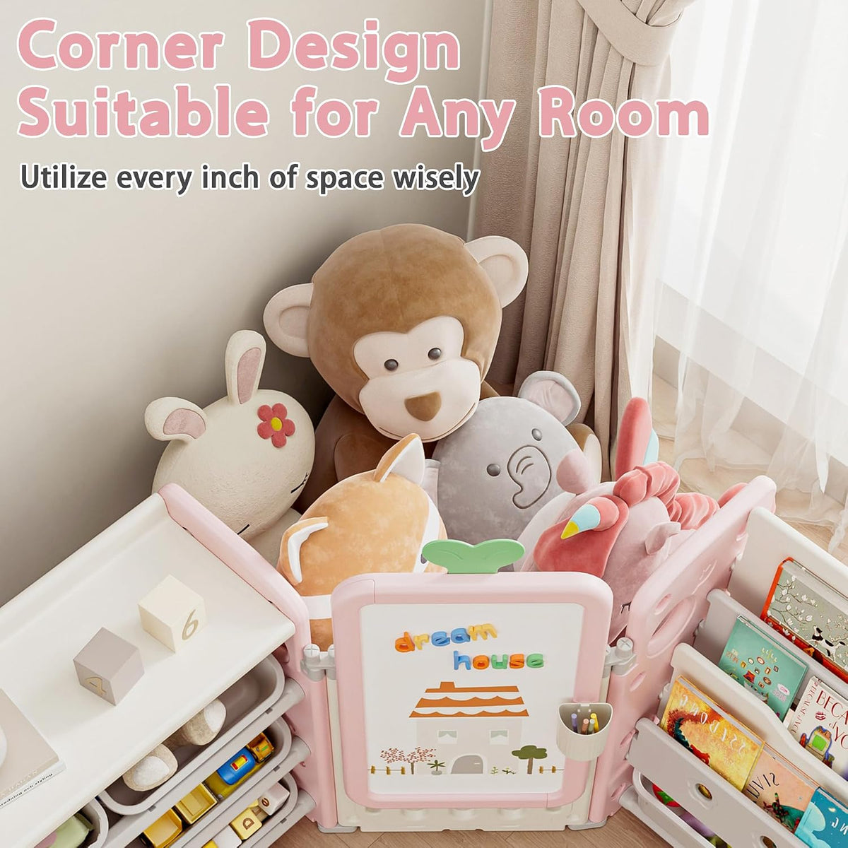 Kids Toy Storage Organizer with 10 Removable Bins, Foldable Toy Organizers and Storage with 3-Tier Bookshelf for Kids Toy Storage Organizer with Drawing Board, Extra 3 Brushes (4 In 1 Light Pink)