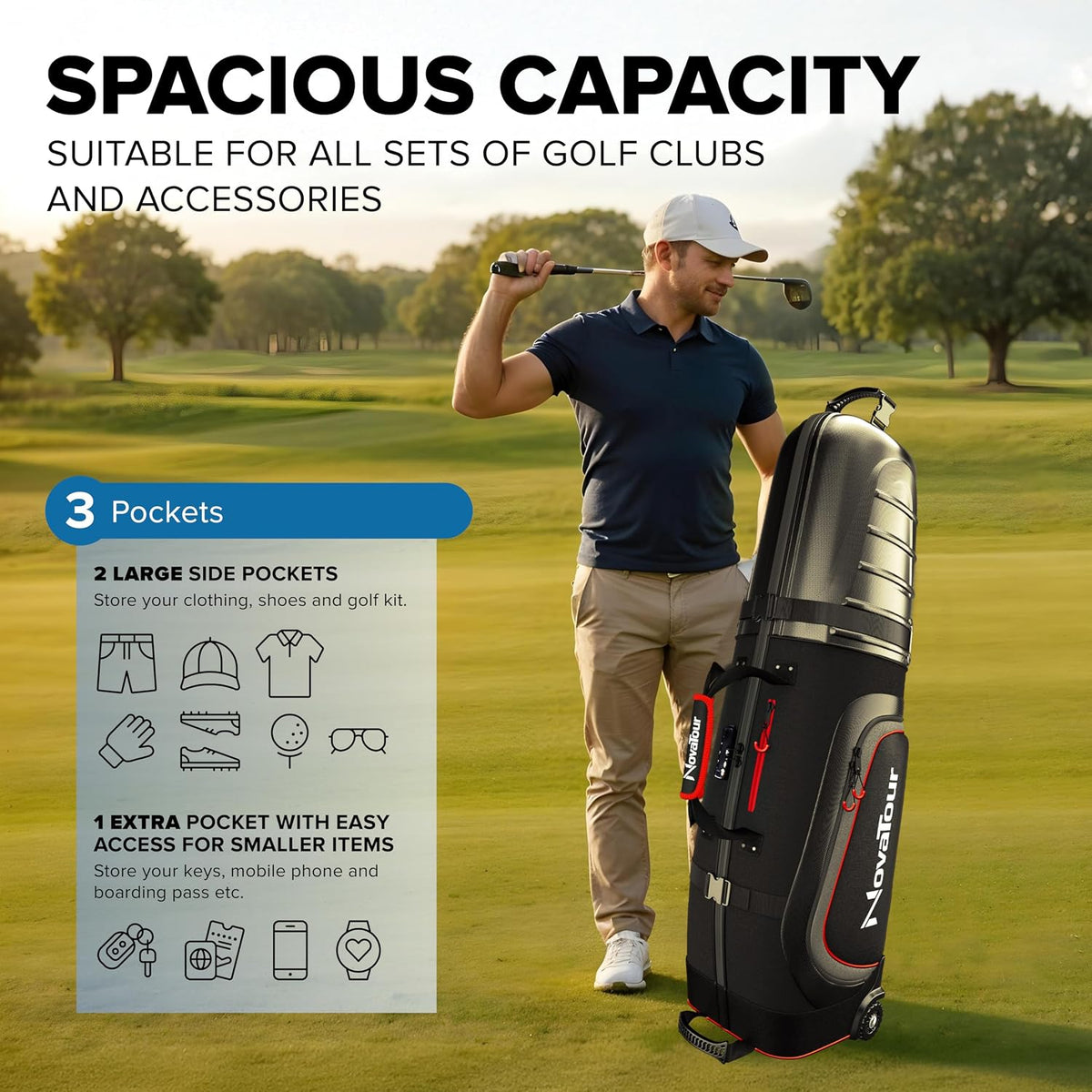 Golf Travel Bag for Airlines: Hard Case Top, Waterproof Zippers, 1680D Oxford Fabric, Built-in TSA Lock, Oversized Tank Wheels, Lightweight – Maximum Club Protection