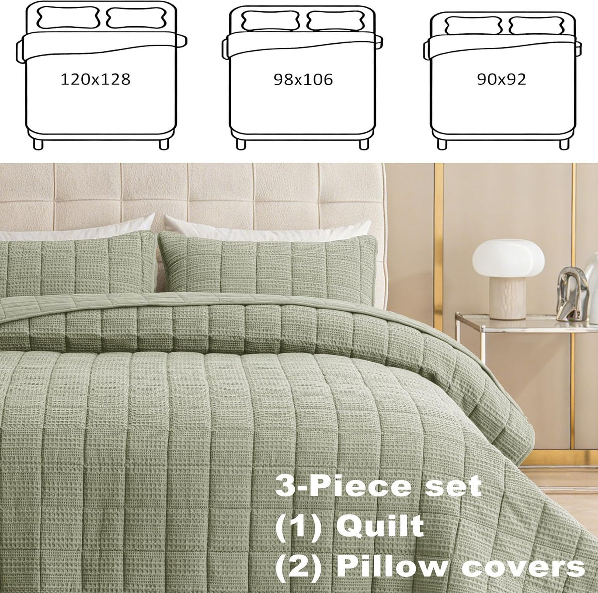 120x128 Cotton Quilt Bedding Set Oversized King Size Quilted Bedspread Sets with 2 Shams,3 Pieces Lightweight Soft Bedding Sets for All Season,Green