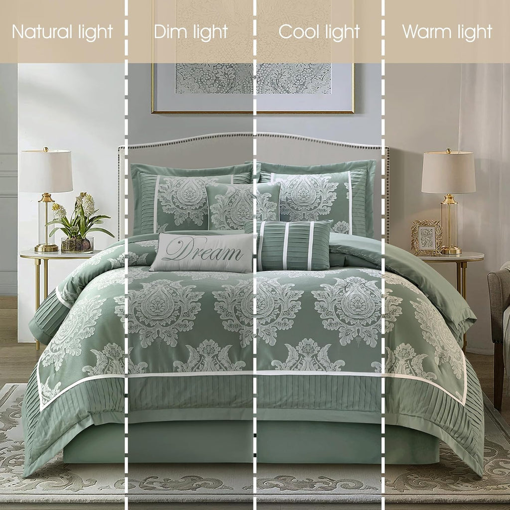 Grand Avenue Sage 7PC Comforter Set California King Size, Jacquard with Matching Solid Piecework Bedding Set, All Season, Bedskirt, Pillows & Shams