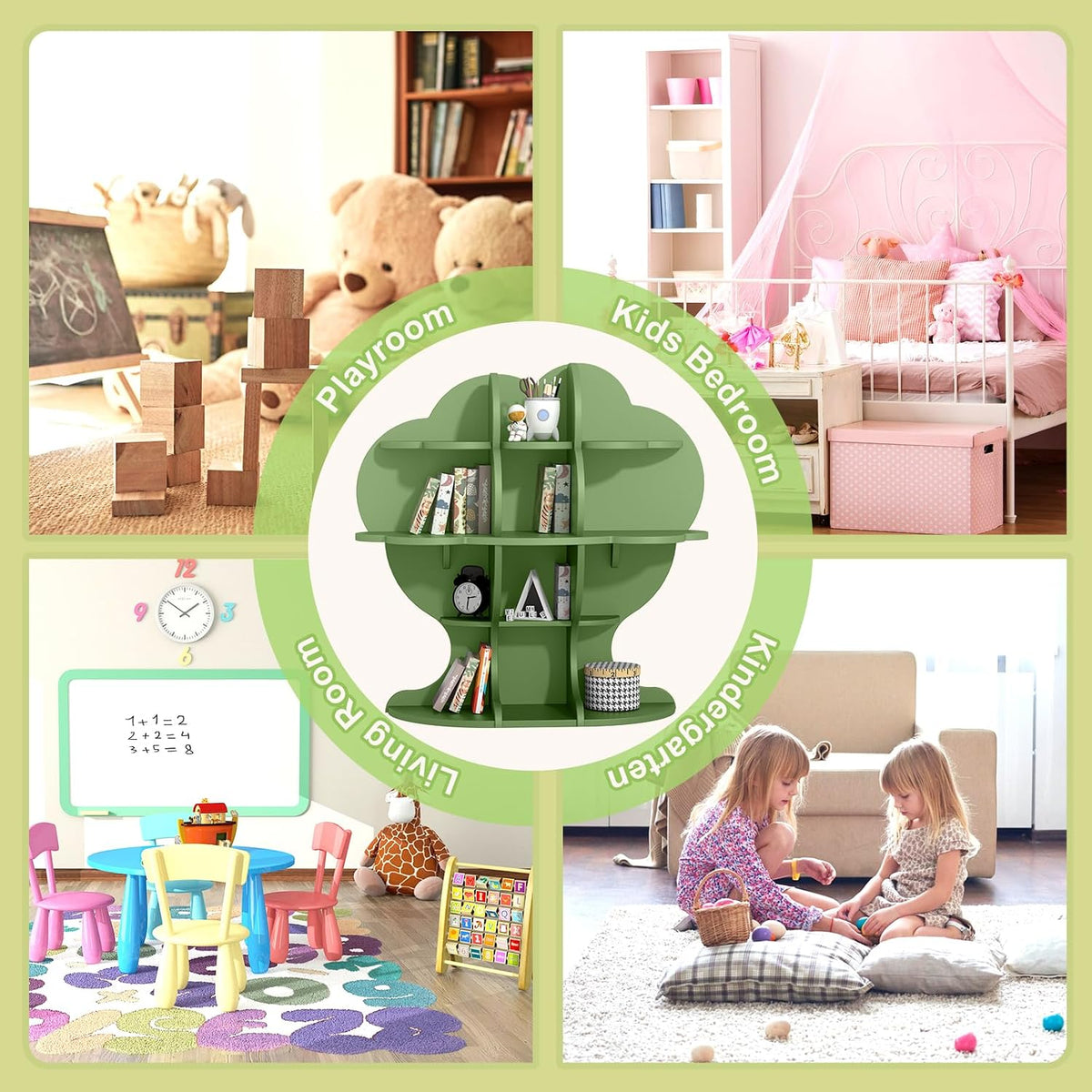 HedoAjim 4-Tier Christmas Tree Kids Bookshelf, Wooden Children Bookcase Toy Storage Organizer for Boys & Girls, Nursery, Playroom, Bedroom