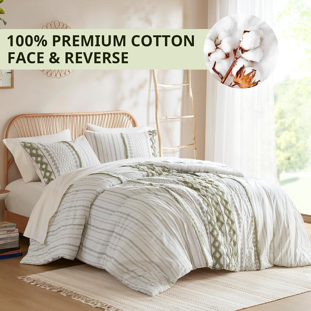 Ink+Ivy Queen Comforter Set, Boho Comforters, Breathable Cotton Bed Set, All Season Modern Chenille Tufted Comforter with Farmhouse Bedding Flare, Gifts for Woman, Sage/Ivory 3 Piece
