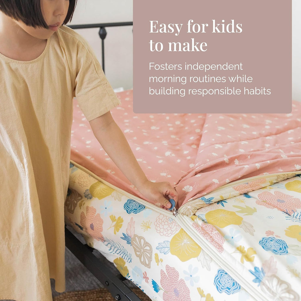 Beddy's Flower Blossoms Durable Zipper Bedding for Kids - Bed in a Bag - Pink Floral Sheets and Comforter - Includes 2 Pillowcases & 2 Shams - Easy to Make & Wash - Queen