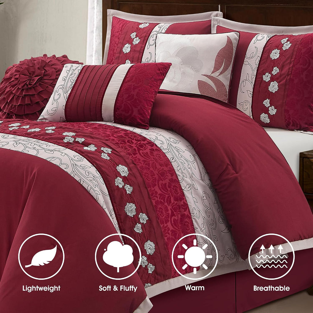 LANCO MODERN LIFESTYLE Wine Comforter Set Queen Size, 7 Piece Bedding Set for All Seasons, Elegant Microfiber Embroidery Floral, Bedskirt, Shams and Decor Pillows