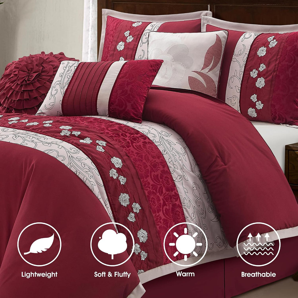 LANCO MODERN LIFESTYLE Wine Comforter Set Queen Size, 7 Piece Bedding Set for All Seasons, Elegant Microfiber Embroidery Floral, Bedskirt, Shams and Decor Pillows