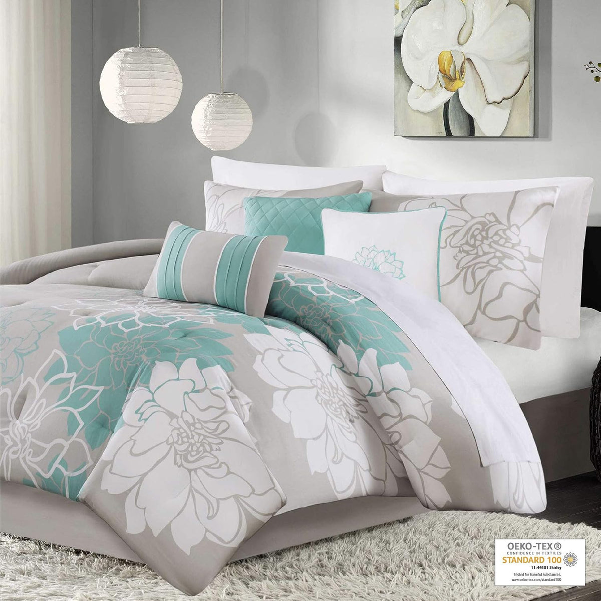 Madison Park Lola Sateen Cotton Comforter Set-Casual Medallion Floral Design All Season Down Alternative Bedding, Shams, Bedskirt, Decorative Pillows, King, Grey/Aqua 7 Piece