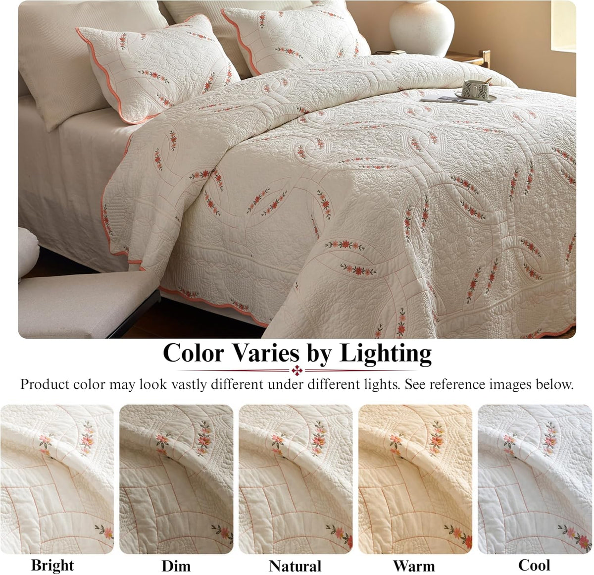 MarCielo 3Pcs Cotton French Country Quilt Bedspread Set Floral Embroidery TC151