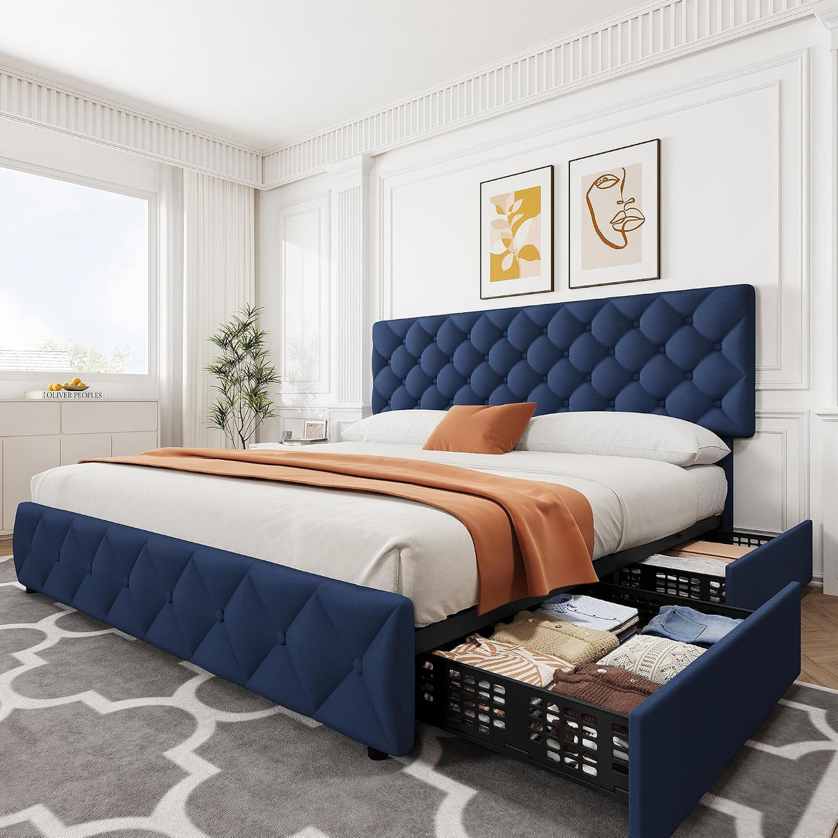 GarveeHome King Size Bed Frame with 4 Storage Drawers and Adjustable Headboard, Linen Upholstered Platform Beds, Diamond Stitched Button Tufted, No Box Spring Needed, Blue