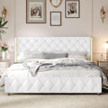 King Size Bed Frame with Headboard, Pu Leather Upholstered Bed Frame King with Diamond Tufted Wingback Headboard, 1000lbs Heavy Duty Support, Gold Metal Edge Accents, No Box Spring Needed, White
