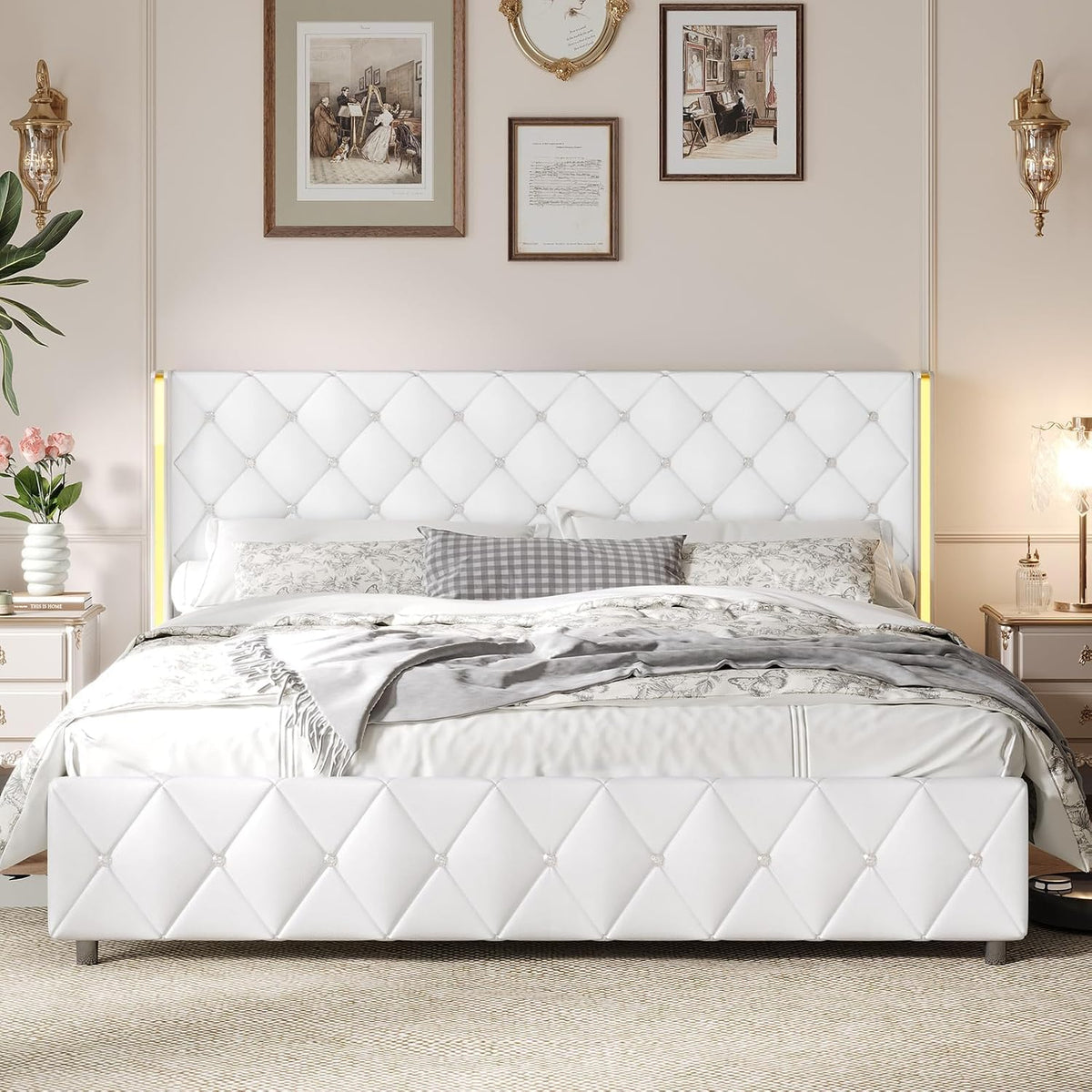 King Size Bed Frame with Headboard, Pu Leather Upholstered Bed Frame King with Diamond Tufted Wingback Headboard, 1000lbs Heavy Duty Support, Gold Metal Edge Accents, No Box Spring Needed, White