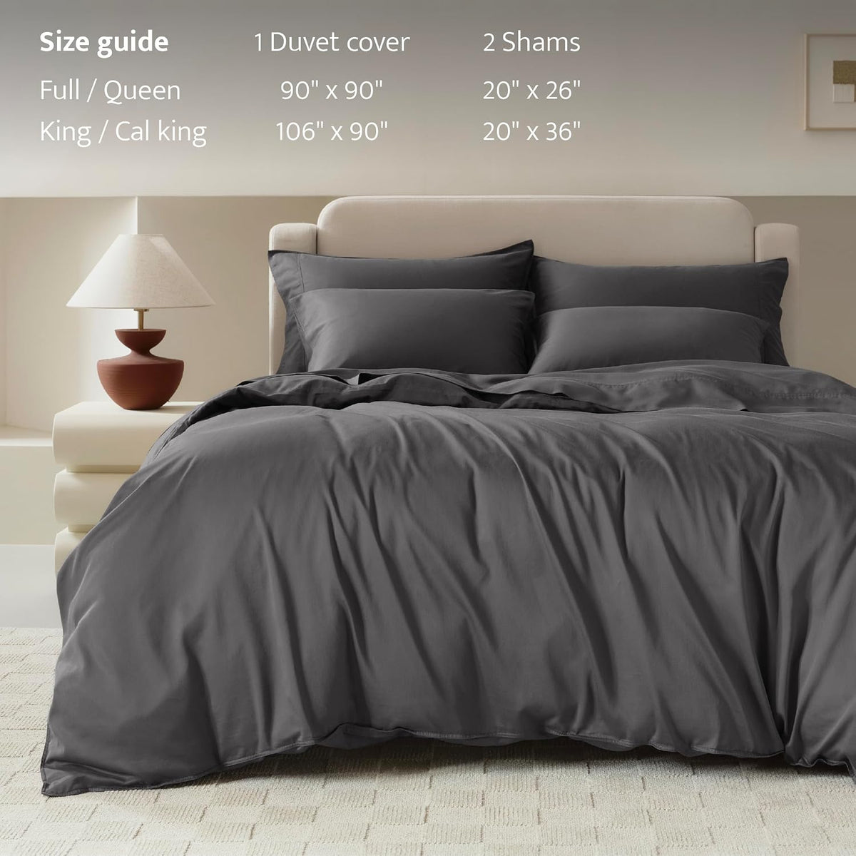Double Stitch Cotton Tencel Duvet Cover - King Size Comforter Cover, Luxury & Soft Eucalyptus Lyocell Bedding Set for Hot Sleepers, Cooling, Smooth & Breathable, Button Closure, Ash Black, 106'x90'