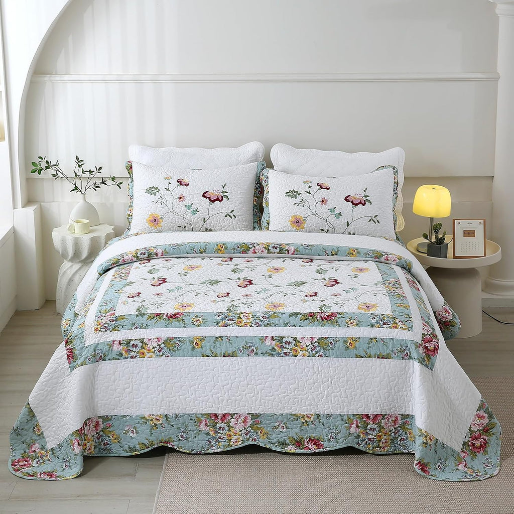 vctops 3-Piece Elegant Floral Embroidered Bedspread Coverlet Set Oversize Queen 100% Cotton Reversible Patchwork 1 Quilt and 2 Pillow Shams (Flower G,Oversize Queen)