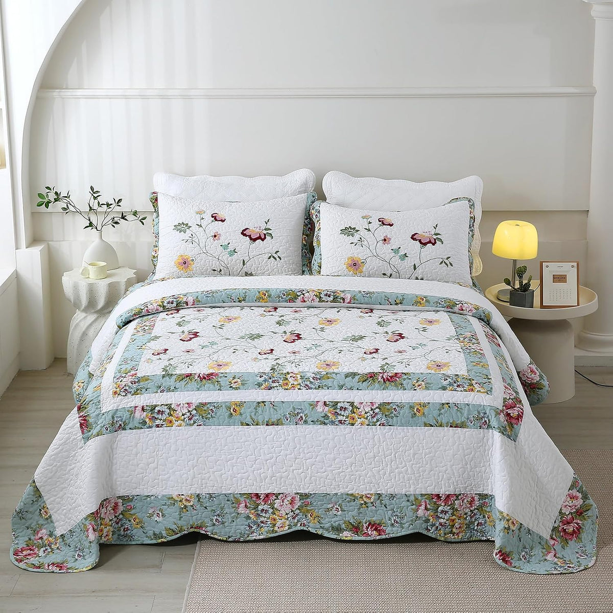 vctops 3-Piece Elegant Floral Embroidered Bedspread Coverlet Set Oversize Queen 100% Cotton Reversible Patchwork 1 Quilt and 2 Pillow Shams (Flower G,Oversize Queen)