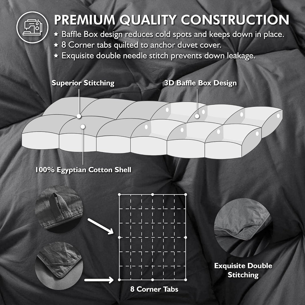 Luxurious All-Season Goose Down Feather Fiber Comforter Queen/Oversize Queen Duvet Insert (98x98), Exquisite Pinch Pleat Design- Gray, Premium Baffle Box, 100% Egyptian Cotton, 70 oz. Fill Weight