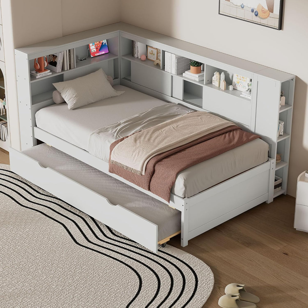 Merax Twin Corner Bed Frame, Twin Size Corner Beds with Trundle, Daybed with Storage Bookcase and Charging Station, Wood Platform Bed for Kids and Teen, White