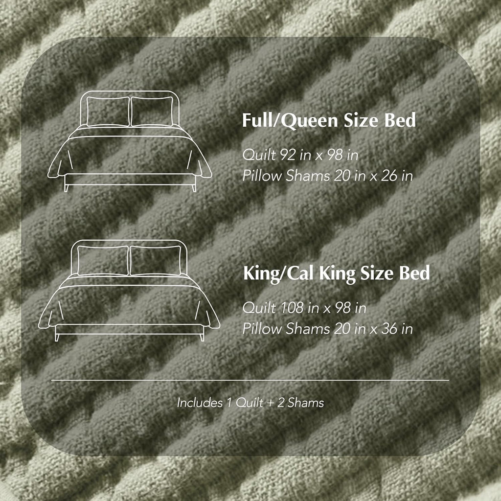 EVERGRACEHOME Cotton Coverlet Set King Size 3 Pieces, Lightweight Soft Ribbed Matelassé Bedspread Quilt Set, Cozy Oversized Quilted Bedding Set with 2 Pillow Shams for All Seasons, Light Sage Green